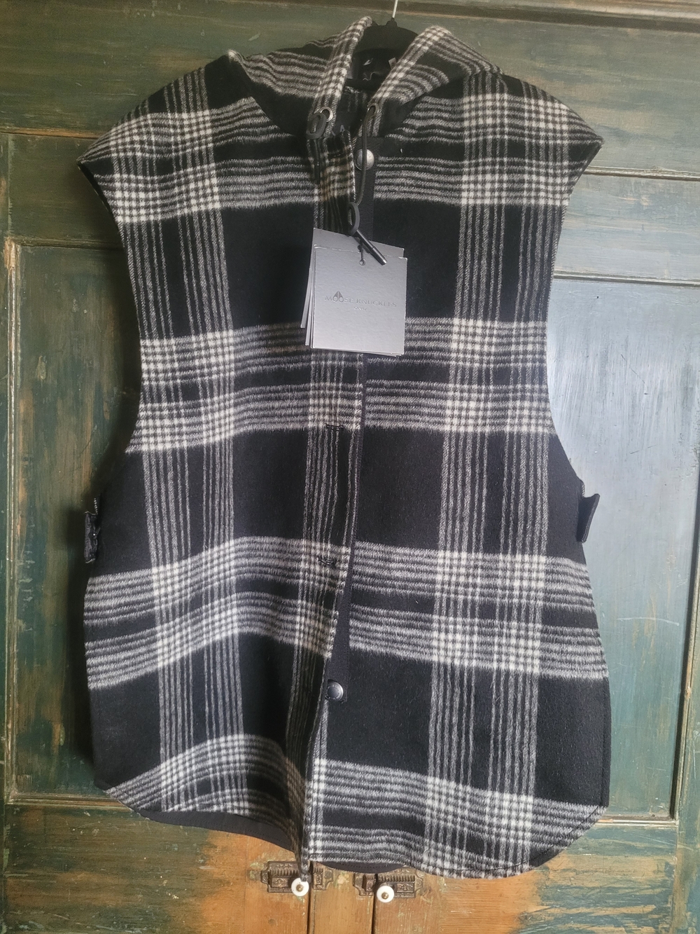 Moose Knuckles Black & White Plaid Hooded Vest